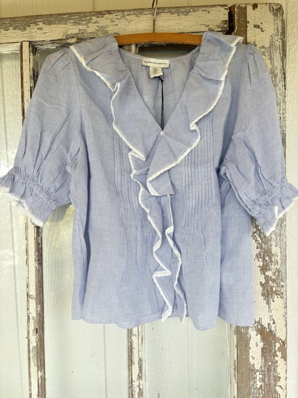 Pin stripe Ruffled Cotton Blouse Medium